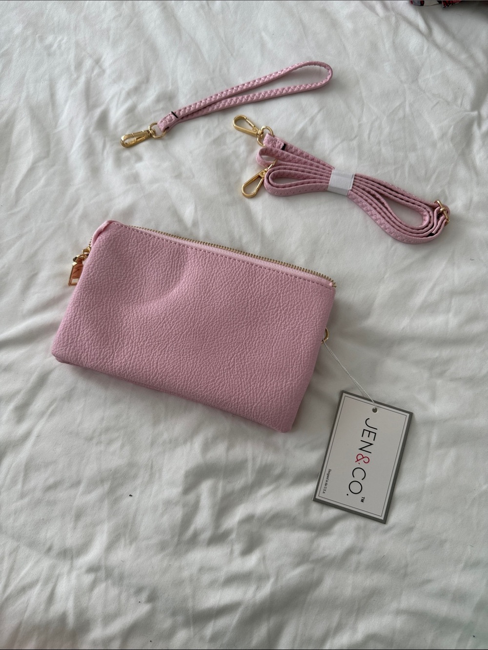 NWT Jen & Co. Pink Pebbled Leather Wristlet Clutch with Detachable Straps
